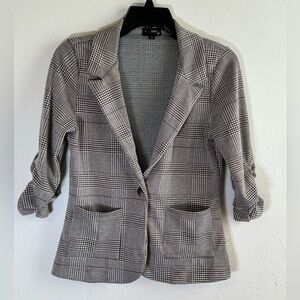 Brown Plaid 3/4 Length Sleeve Single Button Career Blazer Jacket Sz S